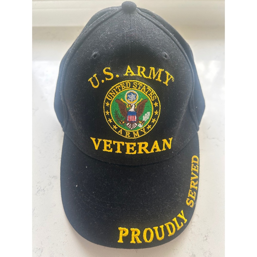 US Army Veteran Hat Black Gold Embroidered Proudly Served Baseball Cap